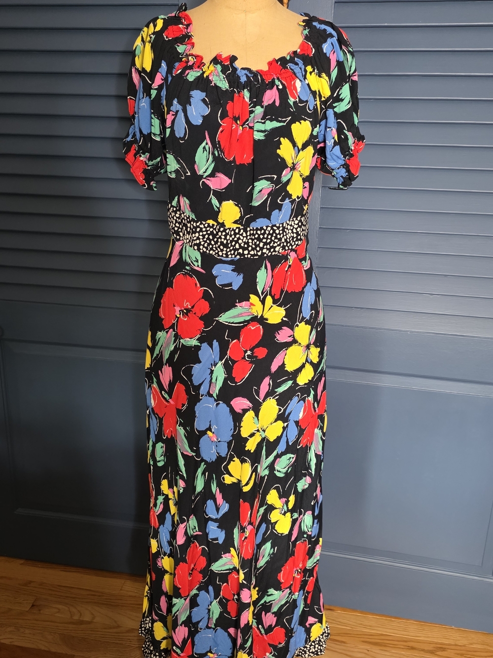 RIXO Black Floral Maxi Dress with Red, Yellow, Blue, Pink, Green Accents